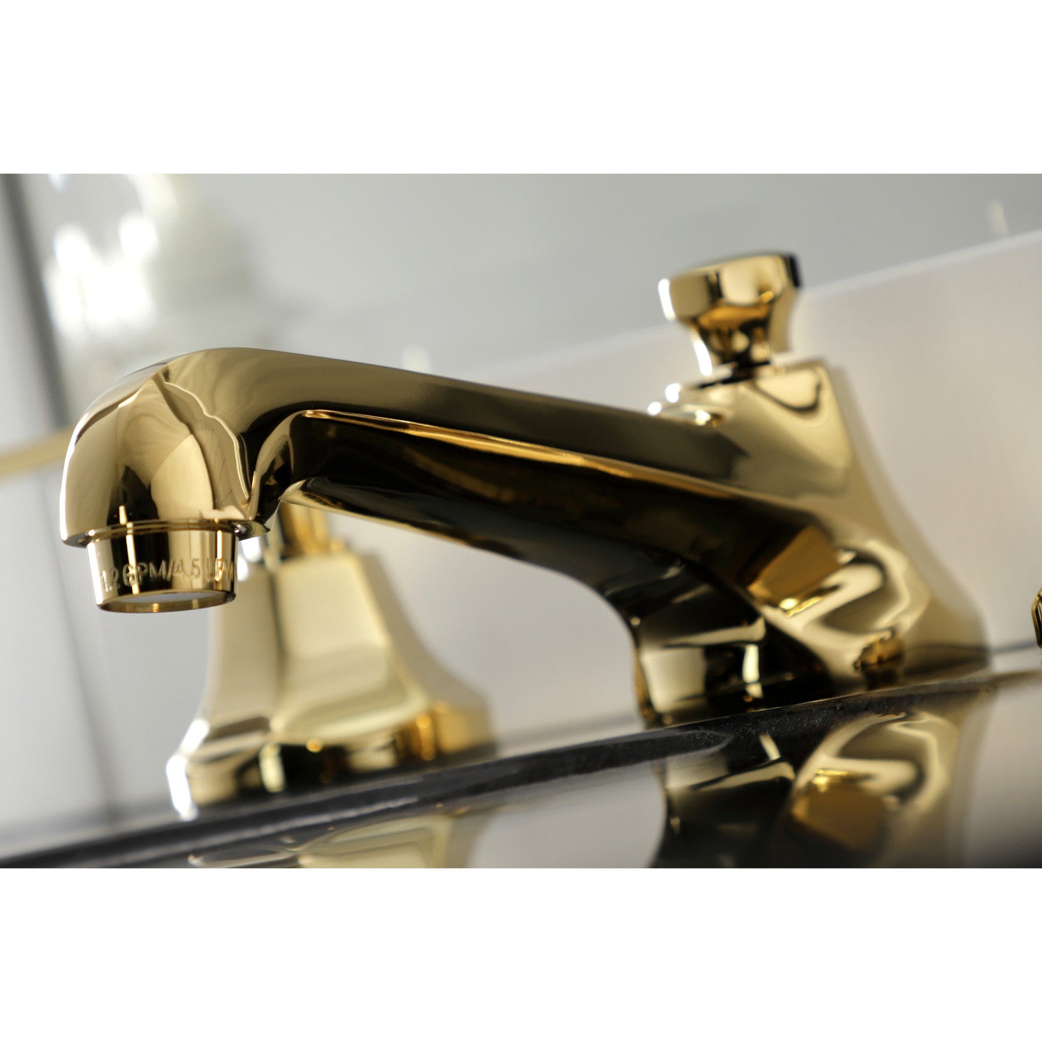 Kingston Heirloom KS4462KL - Whitaker Two-Handle 3-Hole Deck Mount Widespread Bathroom Faucet with Brass Pop-Up, Polished Brass — thumbnail 3